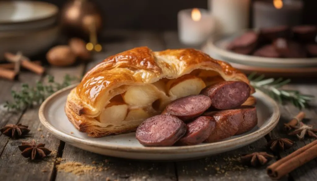 savourez un feuilleté gourmand aux pommes fondantes et boudin poêlé, une douceur dorée idéale pour régaler vos invités lors des fêtes.