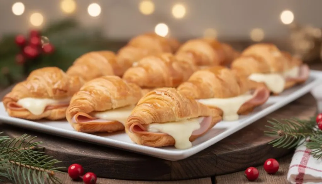 découvrez nos mini croissants dorés à la pâte feuilletée, garnis de jambon et mozzarella, parfaits pour un apéro de noël gourmand qui ravira tous vos invités.