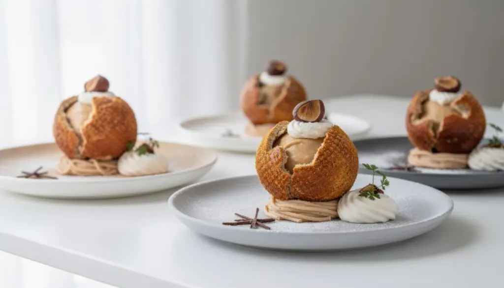 découvrez notre mont-blanc revisité, une sphère croustillante renfermant des marrons maison, alliant légèreté et onctuosité pour séduire tous les amateurs de douceurs raffinées.