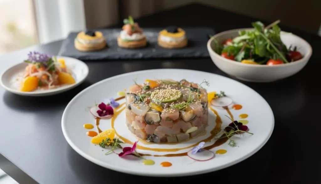 découvrez notre tartare raffiné de poisson cru et huîtres au miso, citron vert et sésame, une explosion de saveurs délicates pour sublimer vos fêtes et émerveiller vos invités.