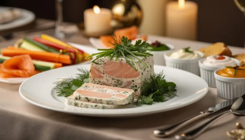 découvrez notre terrine fondante de saumon aux herbes fraîches, une entrée raffinée et savoureuse pour émerveiller vos convives lors de votre réveillon.