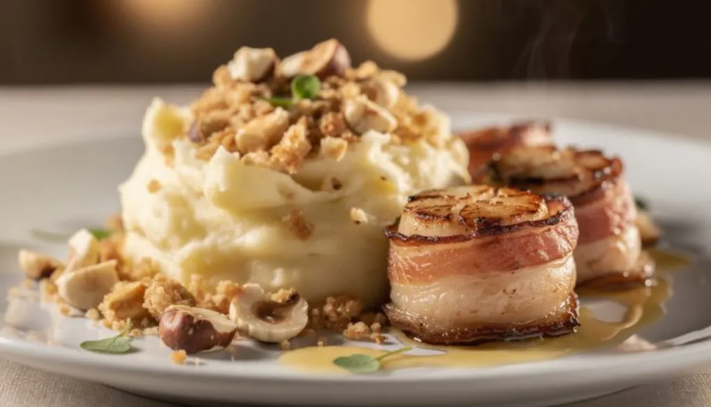 découvrez une explosion de saveurs avec cette recette raffinée alliant purée beurrée, crumble croquant aux noisettes et saint-jacques enrobées de lard pour une parfaite harmonie sucré-salé.