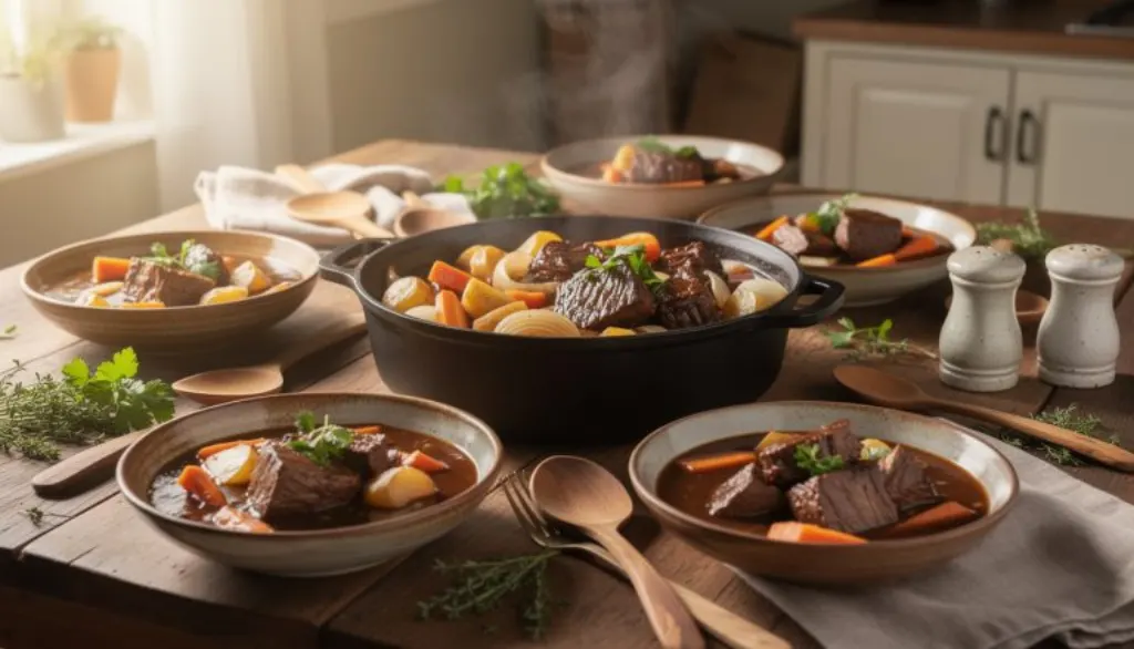 découvrez notre recette de bœuf mijoté aux légumes fondants, un plat familial réconfortant qui emplit votre maison d'un parfum délicieux pendant des heures.