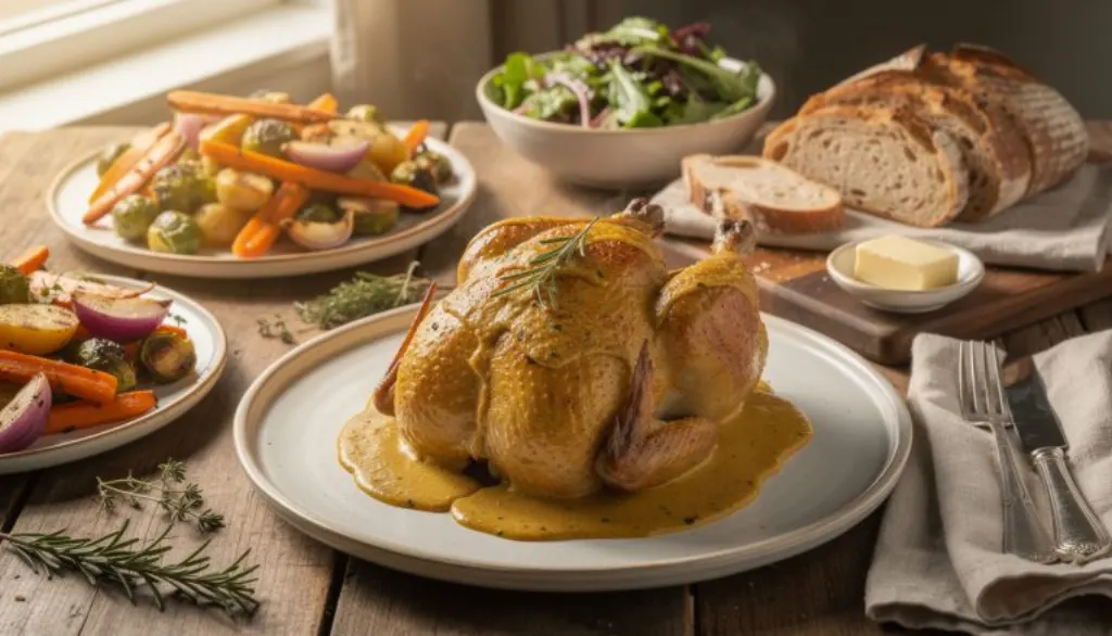 découvrez notre recette de poulet maison au goût unique, nappé d'une sauce crémeuse à la moutarde, pour un déjeuner gourmand et savoureux.