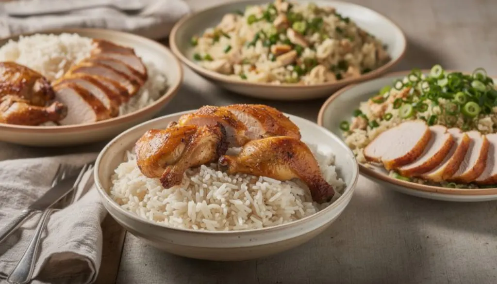 découvrez comment transformer facilement vos restes en un plat savoureux : riz moelleux, poulet rôti et oignons verts croquants, pour un repas délicieux et zéro gaspillage.
