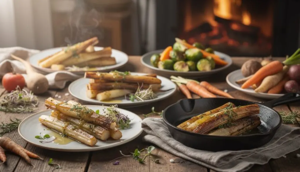 découvrez la poêlée hivernale de salsifis, un plat savoureux au goût authentique de feu de bois qui réchauffe les cœurs durant les froides soirées d'hiver.