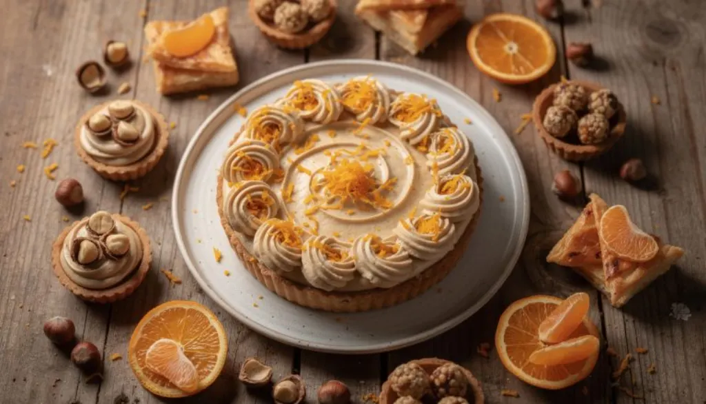 découvrez la tarte gourmande à la crème de noisettes et zestes d'orange, une douceur surprenante qui ravira les amateurs de saveurs raffinées et originales.