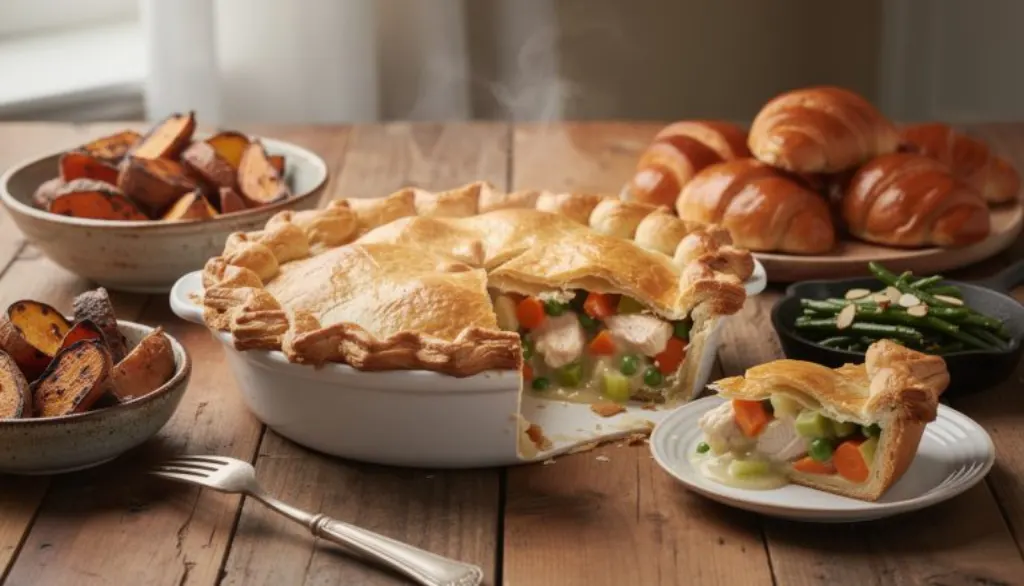 découvrez notre tourte irrésistible au feuilleté croustillant, garnie d'un savoureux mélange de poulet et légumes fondants pour un plaisir gustatif assuré.