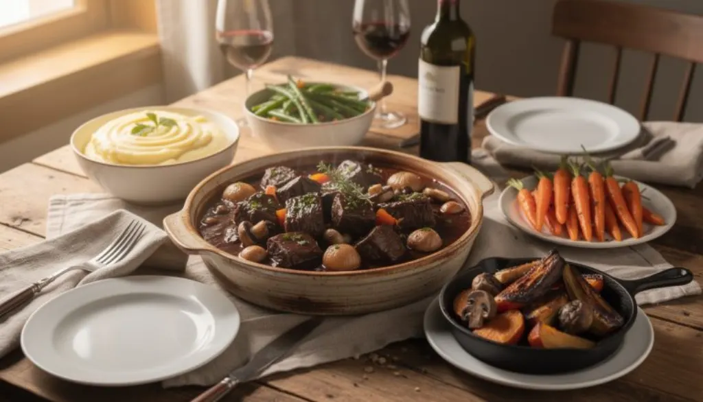 découvrez notre recette maison de bœuf bourguignon fondant, sublimée par un vin raffiné et une cuisson lente pour un goût exceptionnel et une texture parfaite.
