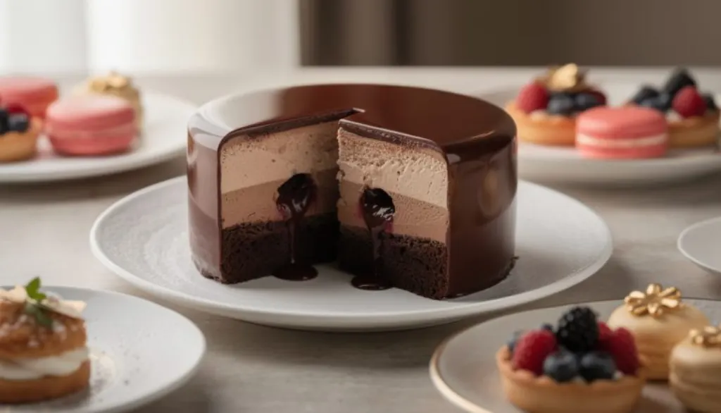 découvrez ce royal chocolat exceptionnel aux trois couches parfaites, sublimé par un glaçage miroir éclatant et un secret gourmand qui vous surprendra à chaque bouchée.