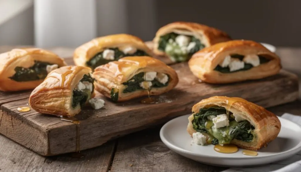 découvrez notre recette rapide et savoureuse de feuilleté doré aux épinards, feta fondante et miel sucré, un délice hivernal qui plaît à toute la famille.