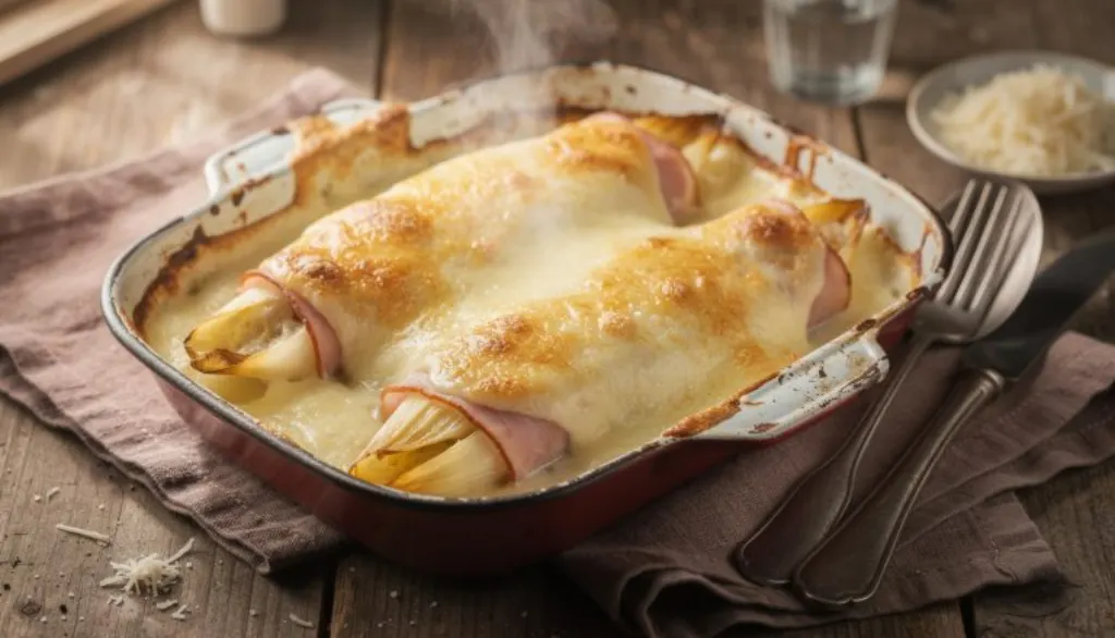 découvrez la recette traditionnelle des endives à l'ancienne, roulées, nappées de sauce onctueuse et gratinées au four pour un délicieux retour aux saveurs authentiques de notre enfance.