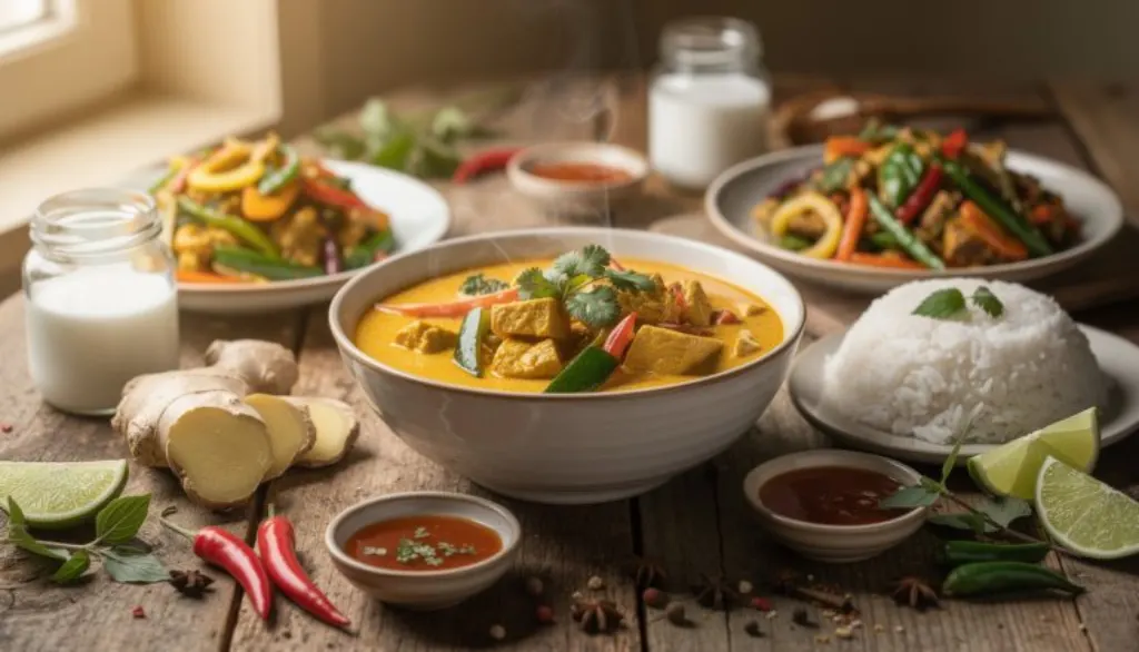 savourez un curry thaï au gingembre et lait de coco, une recette qui métamorphose un dîner ordinaire en une expérience culinaire chaleureuse et mémorable, pleine de saveurs exquises à chaque bouchée.