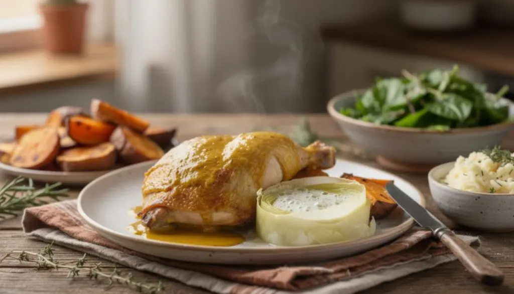 savourez un poulet à la moutarde tendre accompagné d'une fondue de poireaux onctueuse, le plat idéal pour réchauffer vos soirées d'hiver avec gourmandise et réconfort.