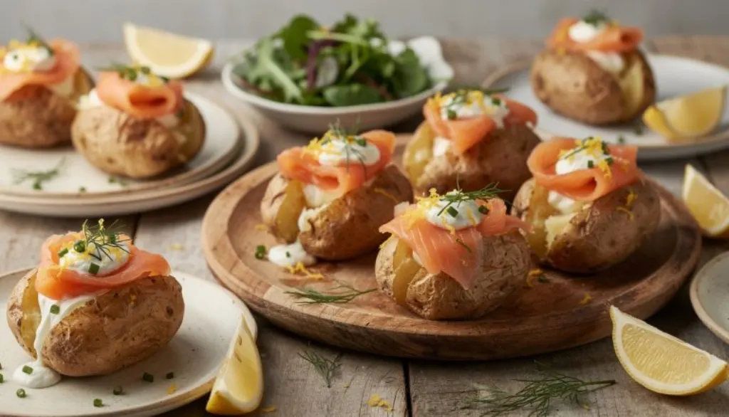 découvrez notre recette facile de pomme de terre en robe des champs garnie de saumon fumé, alliant une texture fondante et des saveurs délicates pour un repas savoureux et raffiné.
